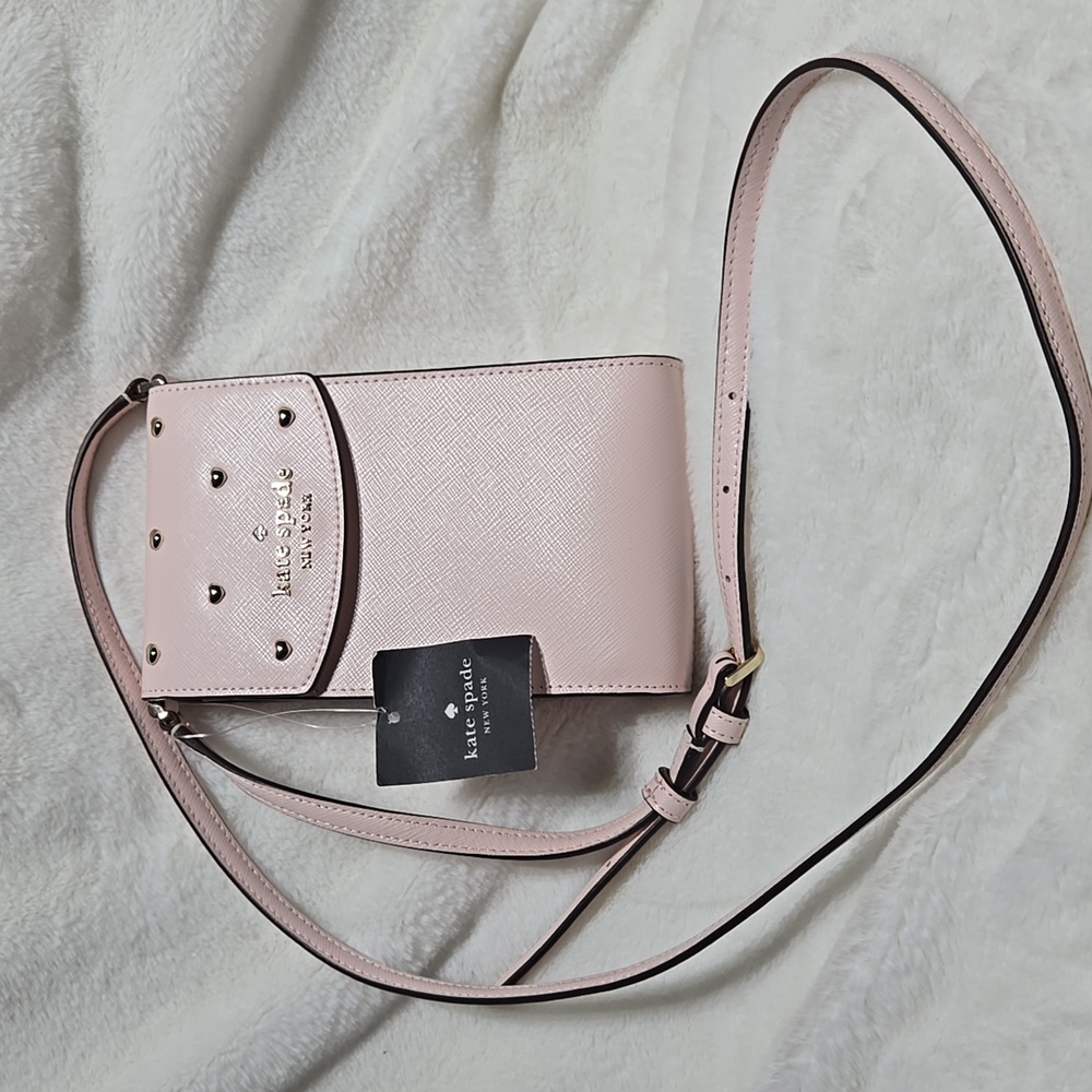 New Kate Spade Light Rose Pink Leather Crossbody Bag Gold Heart Studded